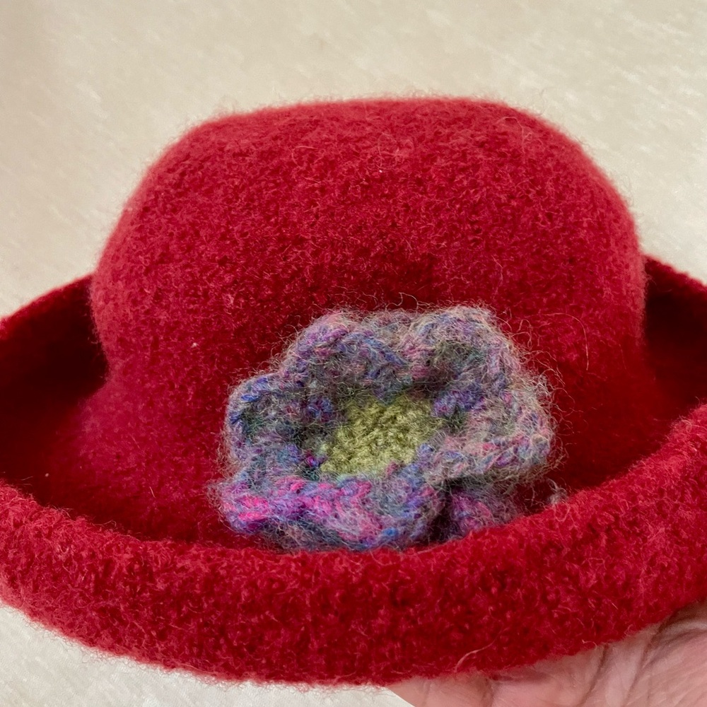 Red Wool Hat with Floral Accent